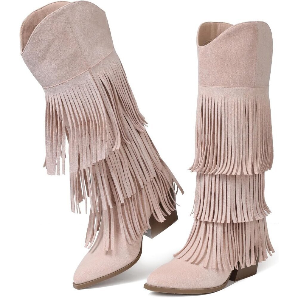 Womens Apricot Retro Pointed Toe Knee High Pull On Block Chunky Heel Fringe Boot